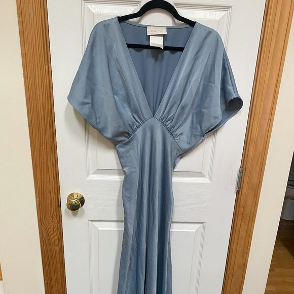 Anthropologie BHLDN Leila Deep-V Flutter-Sleeve Satin A-Line Gown in Dusty Blue - Picture 3 of 4